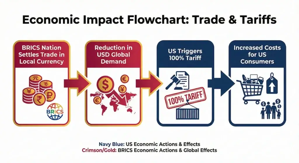 A flowchart showing how BRICS nations trading in local currencies triggers U.S. 100% tariffs, leading to higher consumer costs and inflation in the United States.