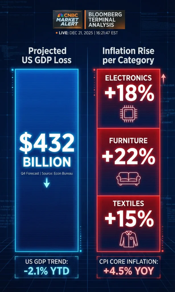 A financial data chart comparing the projected 432 billion dollar hit to U.S. GDP against rising inflation rates in electronics and furniture.