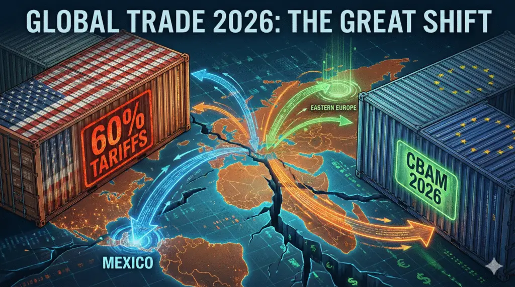 Illustration of shipping containers with US and EU flags shifting like tectonic plates on a world map, symbolizing the 2026 trade reset.