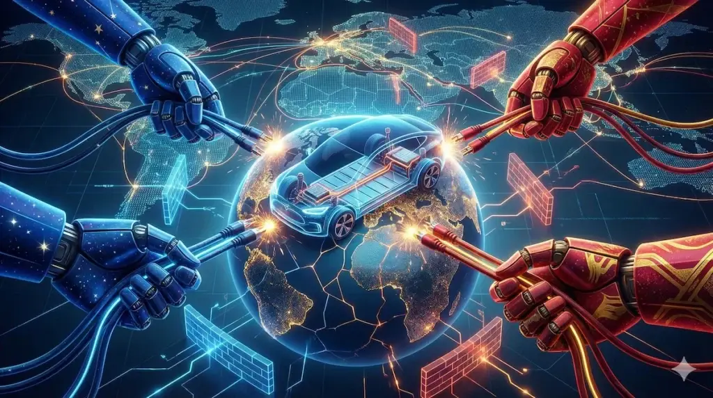 Illustration of the Global EV Trade War showing a tug of war between US and China.