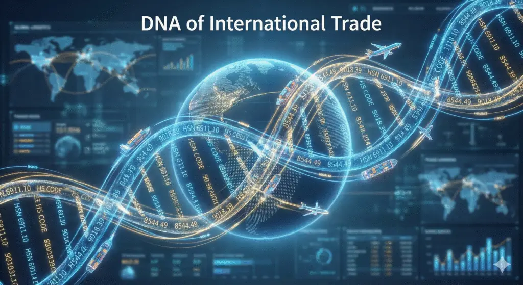 Illustration of a DNA helix made of HSN and HS codes wrapping around a globe.
