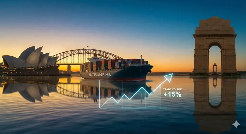Cargo ship connecting India Gate and Sydney Opera House symbolizing 100% duty-free Australia India exports