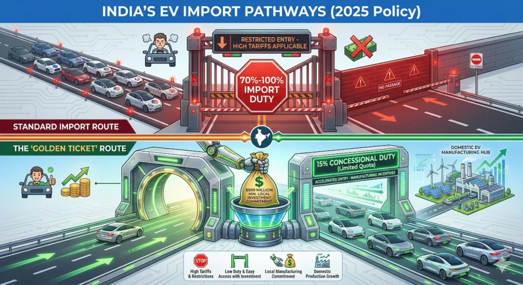 India’s new 2025 EV policy: Lower import duties in exchange for local manufacturing commitments.