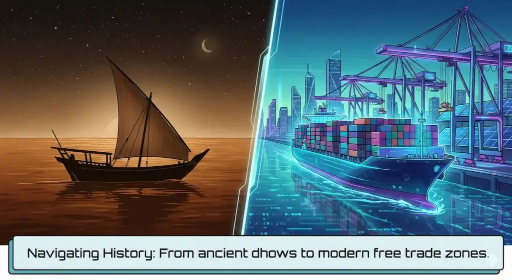 India Oman FTA trade agreement showing ancient and modern ships
