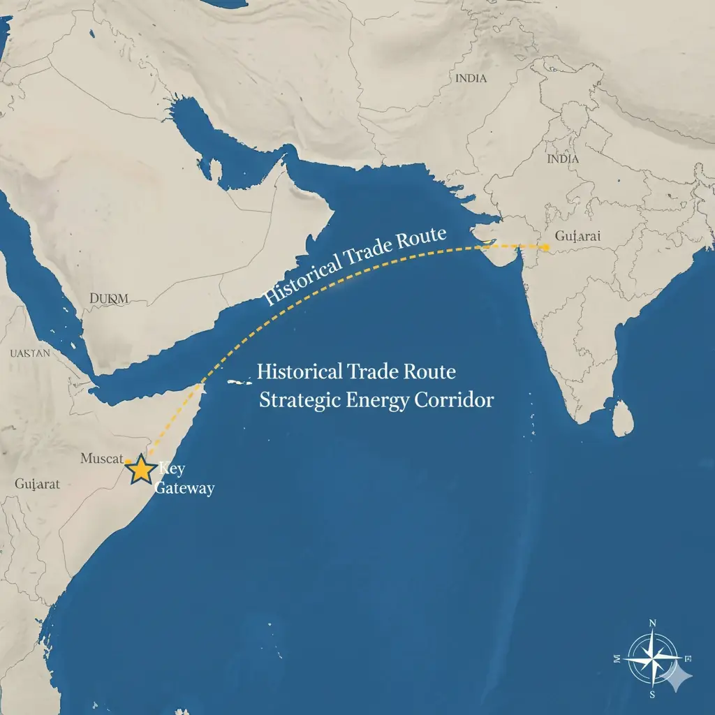 Map of the Arabian Sea highlighting the historical maritime trade route connecting the ports of Mumbai and Gujarat in India to Muscat and Duqm in Oman.