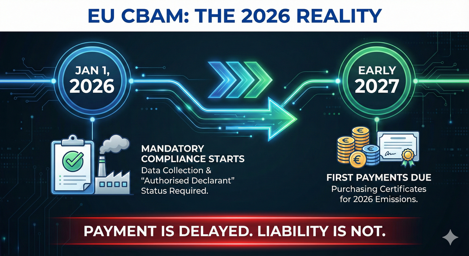 Infographic timeline showing the EU CBAM definitive regime starting January 1, 2026, with payments delayed until early 2027.
