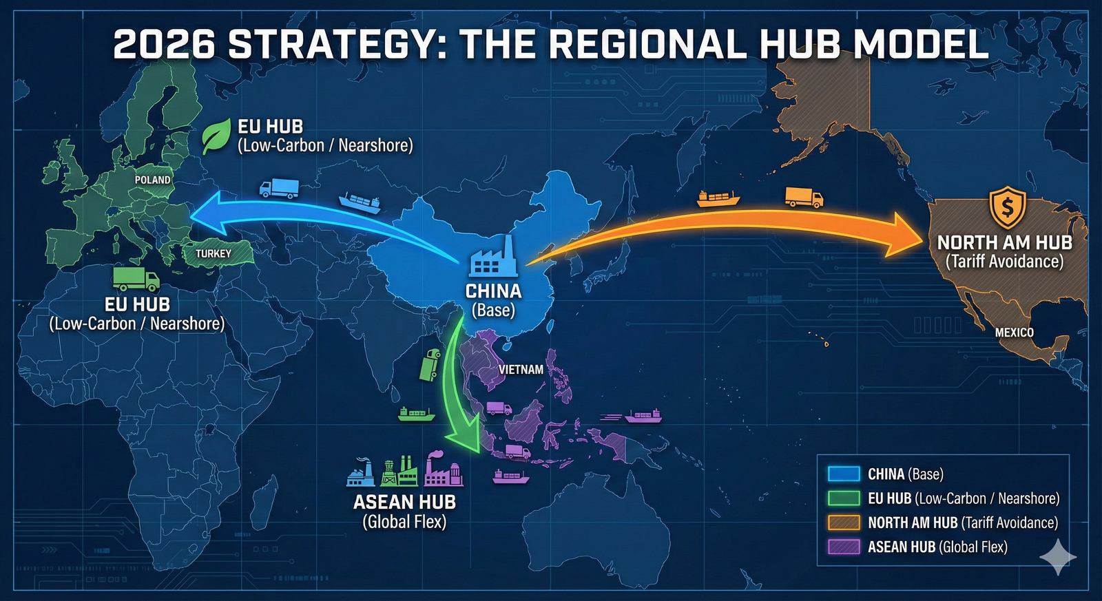 Global supply chain map illustrating a regional hub strategy, showing logistics hubs in Mexico, Eastern Europe, and Southeast Asia outside of China.
