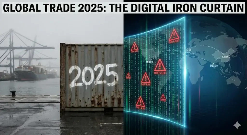 Illustration of shipping containers at a port with a digital warning sign about 50% tariffs and trade barriers for 2026.