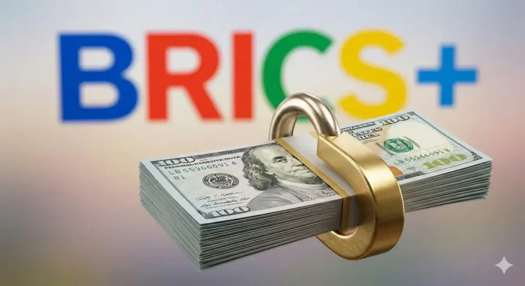 A 3D icon of a gold padlock on a stack of U.S. dollars, symbolizing the protection of the greenback as the world’s primary reserve currency.