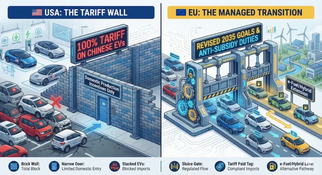 Comparing the defensive trade strategies of the US (high tariffs) vs. the EU (managed transition).
