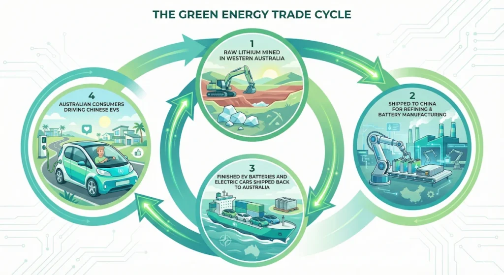 Circular flow infographic illustrating the lithium supply chain loop, starting with extraction in Australia and moving to refining and EV manufacturing in China.