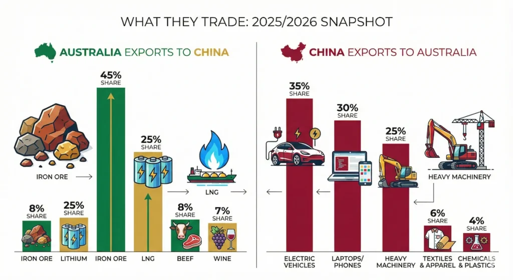 Balance scale graphic comparing Australian exports like Iron Ore and Education against Chinese imports like EVs and Tech.