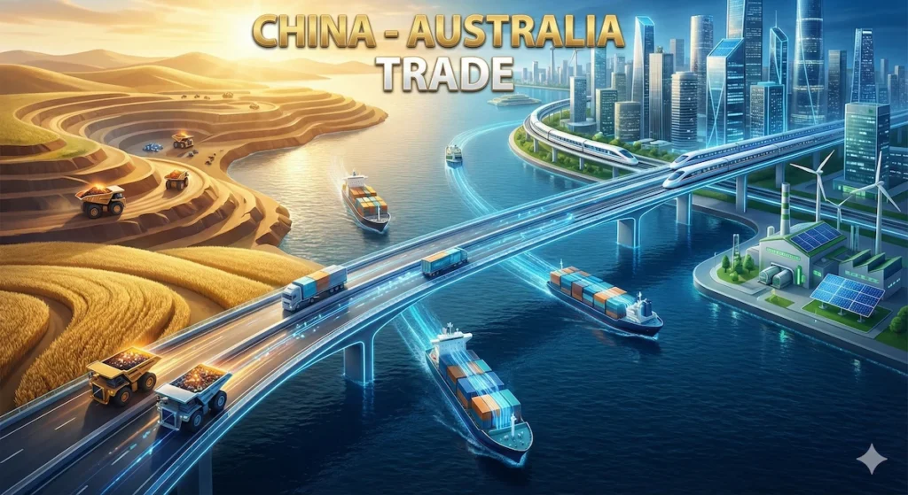 Split-screen illustration showing an Australian lithium mine truck on the left and the futuristic Shanghai skyline on the right, symbolizing the China-Australia trade partnership.