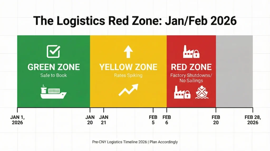 Timeline showing safe shipping dates before Chinese New Year 2026.