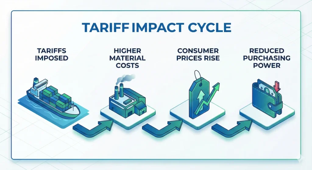 Flowchart explaining how the US tariff burden leads to higher consumer prices