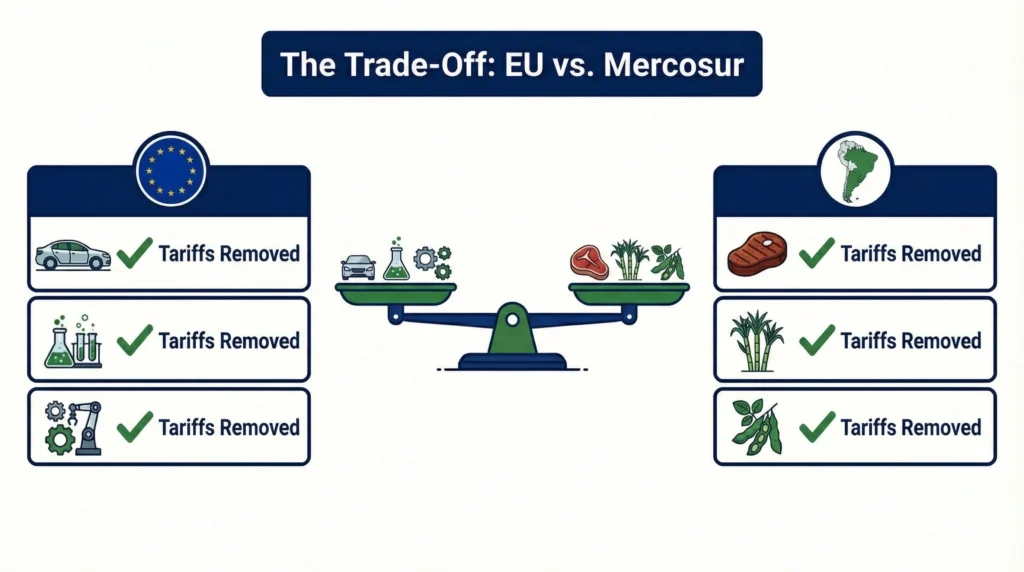 EU-Mercosur trade deal infographic showing benefits for cars and agriculture.