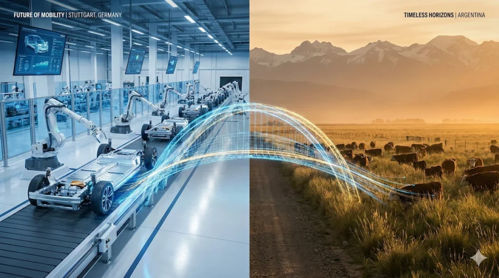 Split screen showing European car manufacturing and South American cattle grazing, illustrating the From Cars to Cows trade deal.