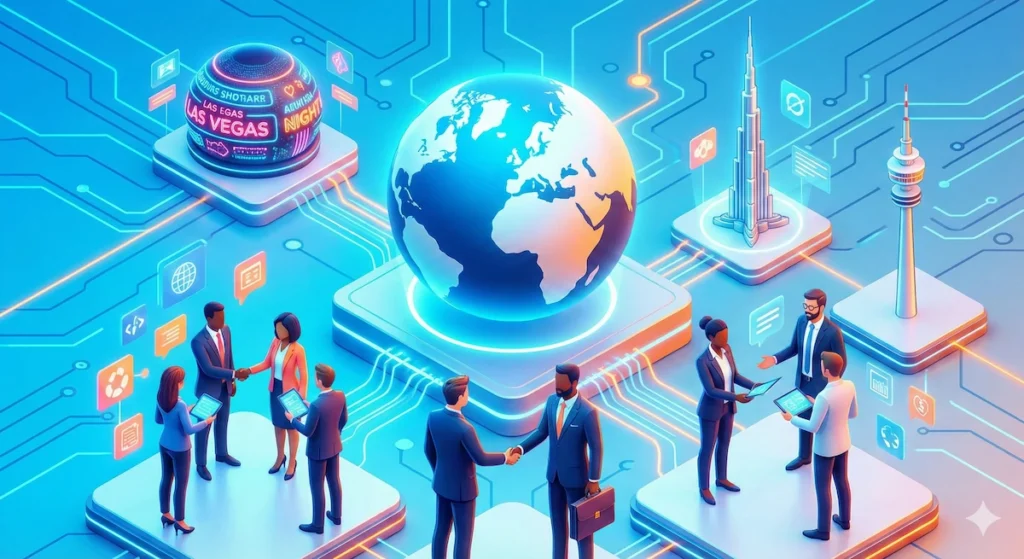 Illustration of global trade show locations including Las Vegas, Frankfurt, and Dubai for Q1 2026.