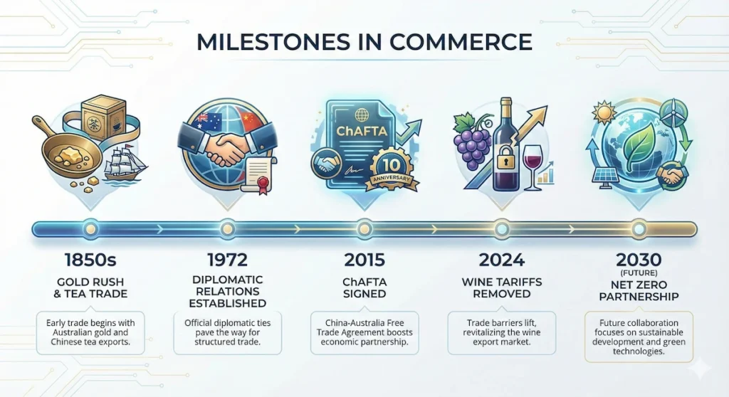 Historical timeline of China-Australia commercial relations from the 1850s Gold Rush to the 2026 Green Energy Pivot.