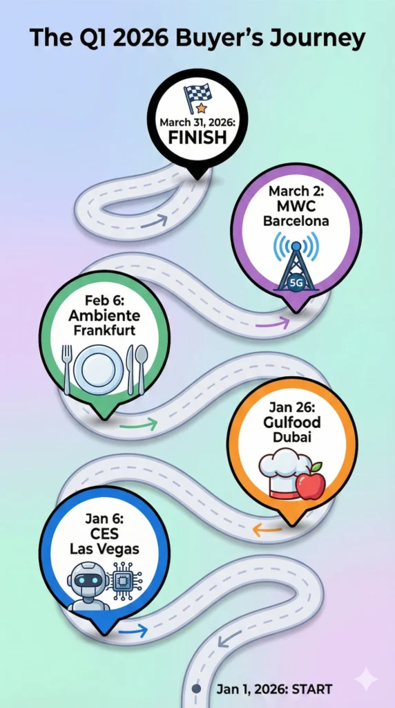 Chronological timeline infographic of the Q1 2026 Trade Fair Calendar
