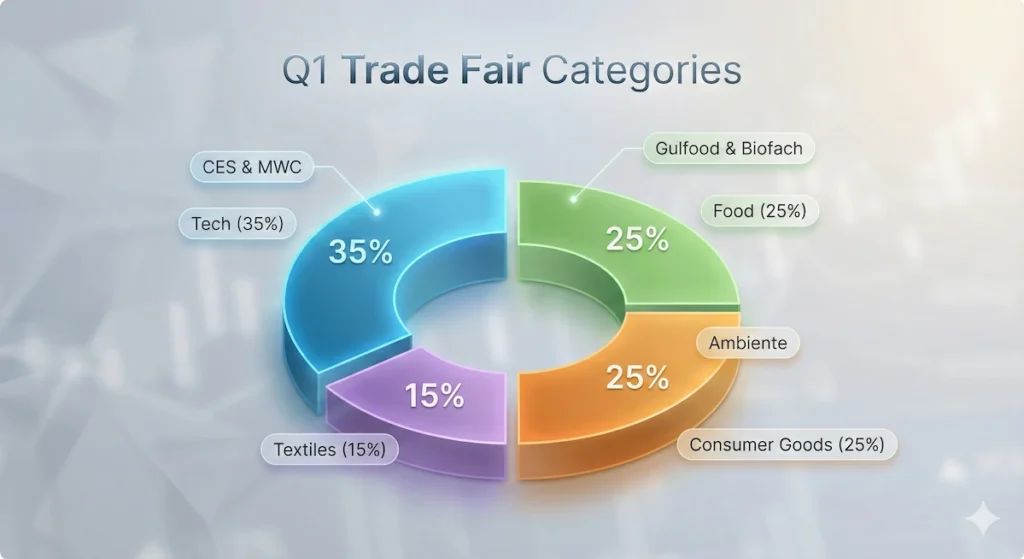 Infographic categorizing major Q1 2026 trade fairs by industry sector

How to Insert them: