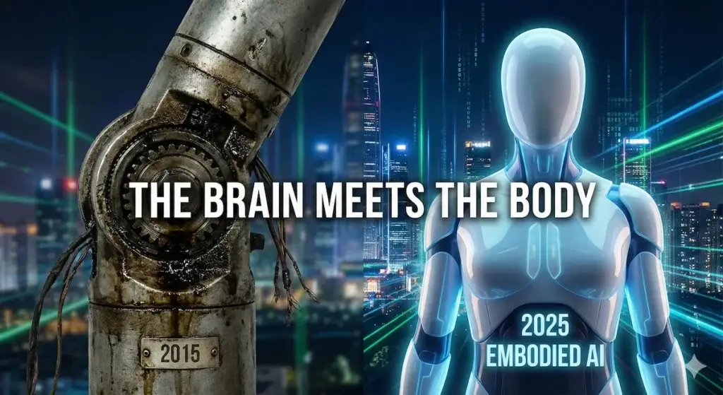 Futuristic Shenzhen AI robotics factory showing a white humanoid robot shaking hands with a human engineer on an automated assembly line.