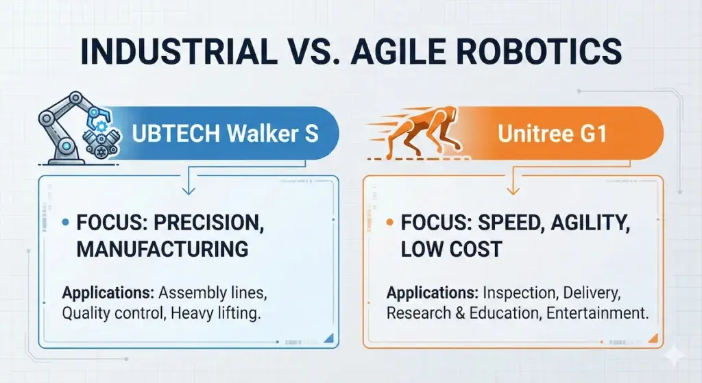 Comparison chart of UBTECH Walker S vs Unitree G1 humanoid robot specifications, highlighting differences in industrial application, pricing, and torque density.