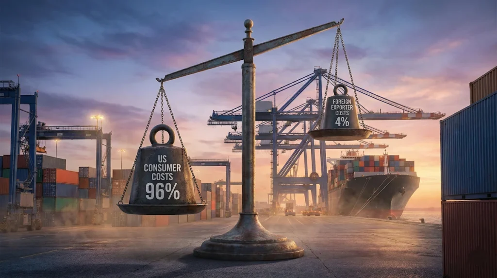 Illustration showing the heavy US tariff burden falling on consumers versus exporters