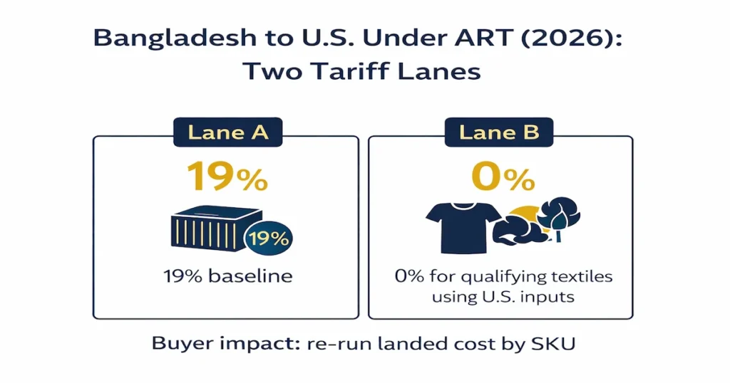 Two-lane tariff model under the U.S.–Bangladesh ART 2026 showing 19% baseline and 0% qualifying textiles lane.