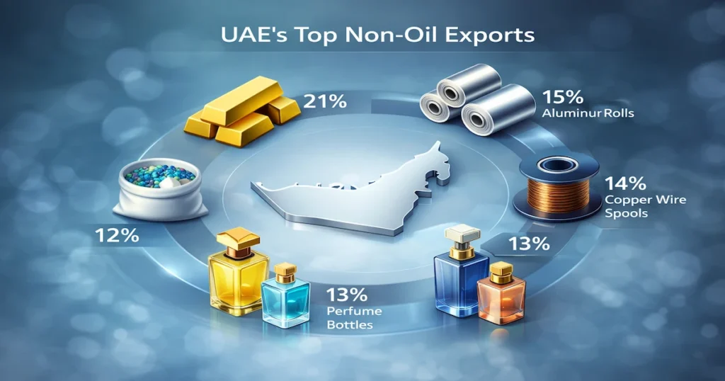 A flow chart infographic showing the composition of top UAE non-oil exports in 2025, including gold bars, aluminium, copper wire, and polymers, contributing to a total of AED 813.8 billion in exports.