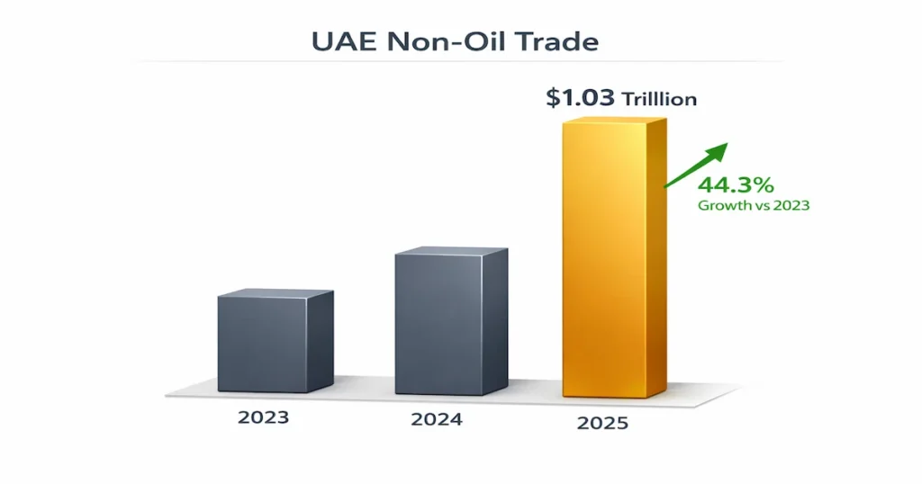 An infographic bar chart illustrating the rapid growth of UAE non-oil foreign trade volume, showing a jump to a record $1.03 trillion in 2025, representing a 44.3% increase over 2023 figures.