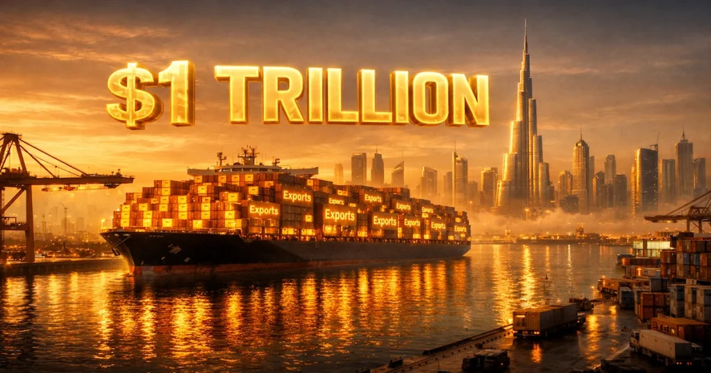 A wide, cinematic view of the Dubai port skyline at sunset with holographic golden text reading "$1 TRILLION" overlaid above container ships, symbolizing the historic 2025 non-oil trade record.