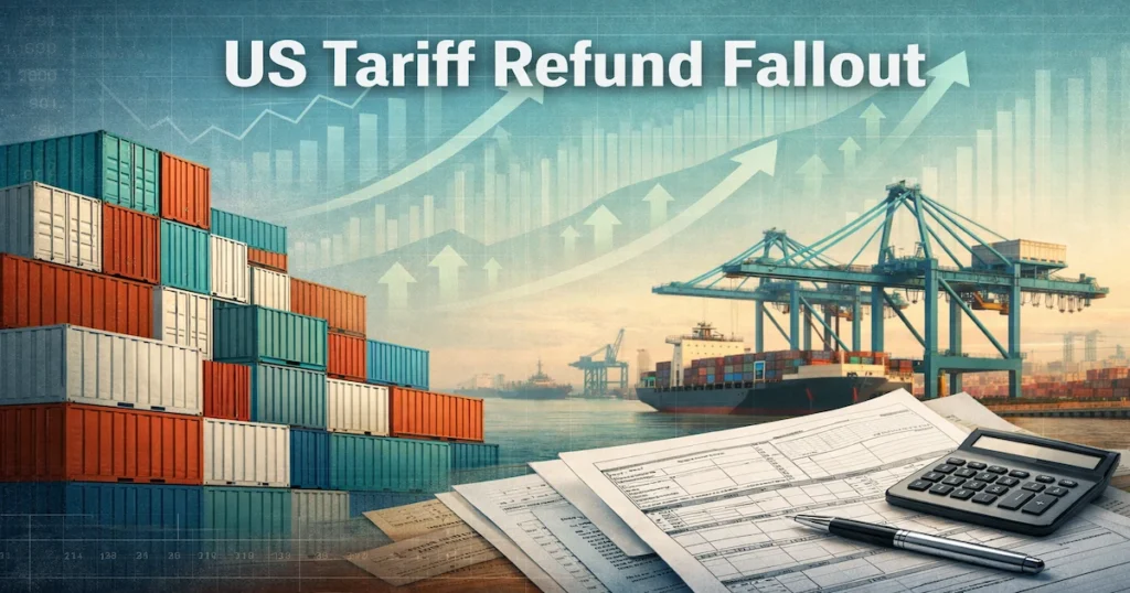 US Tariff Refund Fallout at a U.S. port with customs and cash recovery visuals